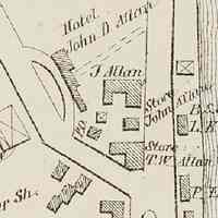          Map view of stores, hotels, shops and barns on Shop Hill in Dennysville, 1881; Detail of Dennysville Village, from the Colby Washington County Atlas, 1881
   