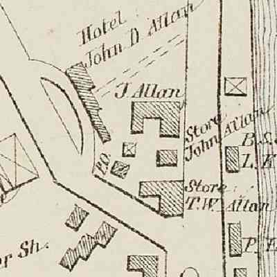 Map view of stores, hotels, shops and barns on Store Hill in Dennysville, 1881: Detail of Dennysville Village, from the Colby Washington County Atlas, 1881