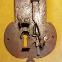          French Iron Lock, mid-eighteenth century; View of the mechanism of a mid-eighteenth century French iron lock found in Dennysville, Maine.
   