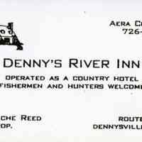          Dennys River Inn Business Card, Mrs. Blanche Reed, Proprietor; Mrs. Blanche Reed, who succeed the Godfrey's as proprietor of the Dennys River Inn in 1969, was the last person to operate the stately home on the Lane as a public hotel.
   