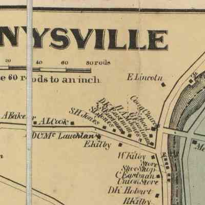 Dennysville in 1861: Detail of a map of Dennysville showing the residents of King and Water Streets, with Edmunds on the opposite side of the Dennys River.  William Lincoln's house is marked a the end of The Lane, across from the house of A.L.R. Gardner, which was later moved across the fields to a location opposite the Union Store on the Dennys River, next to D.K. Hobart.