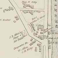          Shops and houses on Store Hill in Dennysville Maine in 1881; William Allan's house and Carpentry Shop are located at the head of The Lane on this detail from the Colby Atlas Map of Dennysville in 1881, before it was moved to its current location farther down the Lane.
   