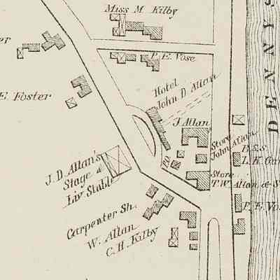 Shops and houses on Store Hill in Dennysville Maine in 1881: William Allan's house and Carpentry Shop are located at the head of The Lane on this detail from the Colby Atlas Map of Dennysville in 1881, before it was moved to its current location farther down the Lane.