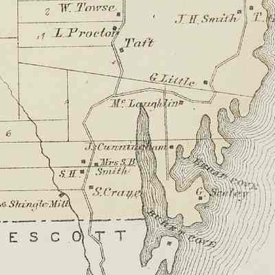 Burnt Cove District, Edmunds, Maine, 1881: Cranes, Smiths, and Cunningham's cluster around Burnt Cove, now the site of the Cobscook Bay State Park in Edmunds, Maine, in this detail from the Colby Atlas Map of 1881.