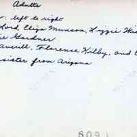          Verso of photo showing names of individualsstanding on the steps of the Vestry, Dennysville, Maine, ca. 1940.; Front: Myra Lord, Eliza Munson, Lizzie Wilder, Katherine Gardner. Rear: Mrs. Averill, Florence Kilby, and Elsie Crosby's cousin from Arizona.
   