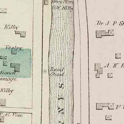 Kilby House and Barn in Dennysville across the Dennys River from John P. Sheahan House in Edmunds: Detail of map of Dennysville Village with the Kilby House, Dennys River, and Dr. John P. Sheahan House on the River Road in Edmunds, from the Colby Atlas of 1881.  Alfred Kilby was living at the time in the house built by his father Theophilus.