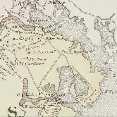 The Preston Road in Edmunds overlooking the Dennys River Narrows and Hinckley Point: Detail from the Colby Atlas Map of Washington County, 1881.