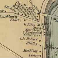          Dennysville Village detail in 1861; D.C. McLauchlin's house on King Street and Shoe Shop on Water street, beside the Dennys River, are marked on this map Dennysville published by Lee and Marsh in 1861.
   