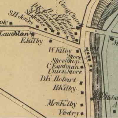 Dennysville Village detail in 1861: D.C. McLauchlin's house on King Street and Shoe Shop on Water street, beside the Dennys River, are marked on this map Dennysville published by Lee and Marsh in 1861.