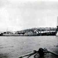          Schooner Dornfontien in Johnson's Bay, Lubec, Maine; This view of the Dornfontein in Johnson's Bay, Lubec, Maine being towed to Pushee's Shipyard for repairs in 1918. Lyman Pushee was in the stern cabin from Cutler to Johnson's Bay on its way to the Pushee Brothers shipyard in Dennysville.
   