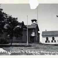          Library, School and Congregational Church, Dennysville, Maine, c. 1930; The Lincoln Memorial Library, Dennysville Town School, and Congregational Meetinghouse in a postcard view from 1930.
   