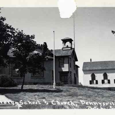 Library, School and Congregational Church, Dennysville, Maine, c. 1930: The Lincoln Memorial Library, Dennysville Town School, and Congregational Meetinghouse in a postcard view from 1930.