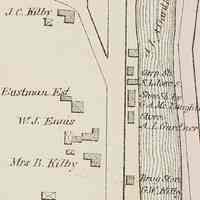          Houses and shops on the Dennys River in 1881; Benjamin Kilby's widow continued to live in their house, as seen on this detail from the Colby Atlas map of Dennysville in 1881.
   