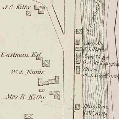 Houses and shops on the Dennys River in 1881: Benjamin Kilby's widow continued to live in their house, as seen on this detail from the Colby Atlas map of Dennysville in 1881.