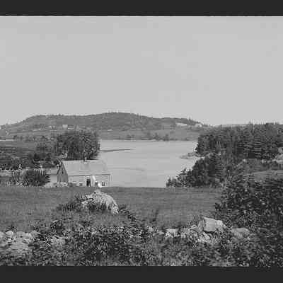 Dennys River Narrows and Hinkleyy Point, c. 1880: Page's Mountain rises on the skyline above Hinkley Point, in this view of the Dennys River Narrows taken by John P. Sheahan in the 1880's.