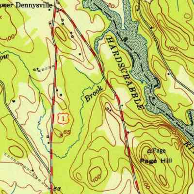 Lower Dennysville and U.S. Route 1, USGS Topographical Map, 1943: The barn used by Alton Curtis as a shingle mill is visible as a hollow square above the symbol for U.S. Route 1 in Lower Dennysville.