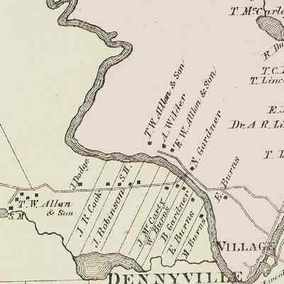 Detail of the Dennys River from the Colby Atlas Map of Washington County, 1881: T.W. Allan and Son operated sawmills on the Milwaukee Road in Dennysville and at the Great Works in Edmunds.