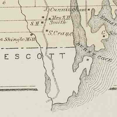 Crane Mill Brook, Burnt Cove, Edmunds, Trescott: Crane Mill Brook flowing south into Whiting bay from Edmunds, Maine, into Trescott, from the Colby Atlas Map of 1881.
