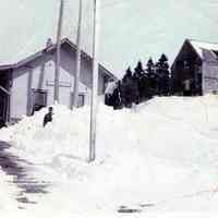          Dennysville Railroad Station in winter.; Mariner Wilder barn at right.
   