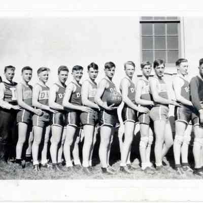 L - R: Leroy Derby (coach & teacher), Leroy Marshall, Ward Jones, Fletcher Brown, Lloyd Phinney, Robert Hallowell, Gerald Peters, Harvey Sylvia, Keith Clark, Emery Seeley, LeRoy Phinney, Fletcher Downes and Gordan Bell