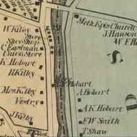          Shops and Stores along the Dennys River in 1861; This detail from the 1861 map of Dennysville shows the five store buildings located on Water Street beside the Dennys River, with D.K. Hobart's drugstore a little farther upstream. The blacksmith shop marked B.S.S. was first built by William Kilby in the 1790's.
   