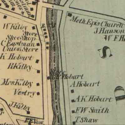 Shops and Stores along the Dennys River in 1861: This detail from the 1861 map of Dennysville shows the five store buildings located on Water Street beside the Dennys River, with D.K. Hobart's drugstore a little farther upstream. The blacksmith shop marked B.S.S. was first built by William Kilby in the 1790's.