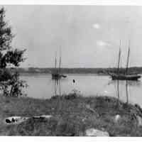          Schooners Off Hurley Point, Edmunds, Maine, c. 1900; Schooners anchored off Hurley Point in Dennys Bay waiting for the tide to pass through the Narrows up to the wharves on the Dennys River.
   