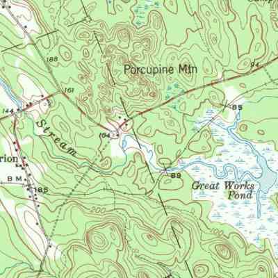Marion and Great Works Pond, 1941: The Sunrise Trail follows the Washington County Railroad as it crosses the Marion Station Road on its way to Great Works Pond and Dennysville, on this detail from a U.S.G.S. topographical map of Gardner's Lake in 1941.