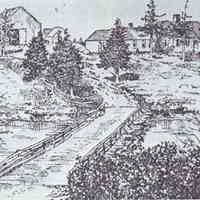          Isaac Hobart House and barns at Little Falls, on Hobart Stream.; Sketch of the 1806 house built by Isaac Hobart at Little Falls, from 