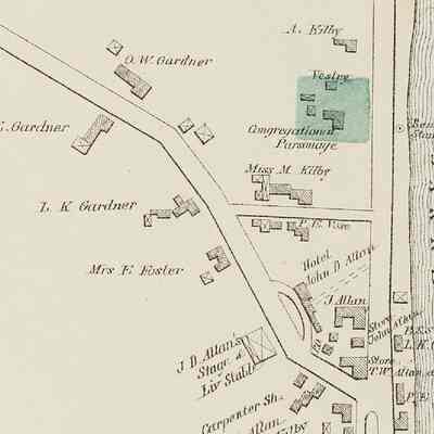 Dennysville Village in 1881: John Allan's Riverside Inn, store and livery stable are shown along Water Street on the map of Dennysville from the Colby Atlas of Washington County in 1881.