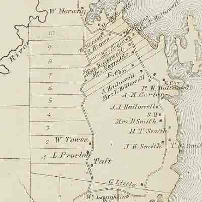 South Edmunds and County Road in 1881: Angular corners on U.S. Route 1 were removed or modified in the course of the twentieth century, leaving many sections of road stranded to return to nature, such as Towse's Corner, seen on the 1881 Colby Atlas map of Washington County, Maine.