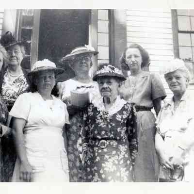 Adult Sunday School group at the vestry, c. 1940: Myra Lord, Eliza Munson, Lizzie Wilder, Katherine Gardner, Mrs. Averill, Florence Kilby, and Elsie Crosby's sister visiting from Arizona