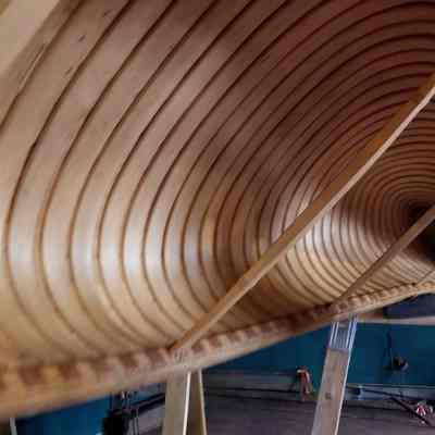 Inside view of a Passamaquoddy made birchbark canoe: View of the ribs and interior framework of a birchbark canoe made by Steve Cayard and David Moses Bridges in 2003, at the Wabanaki Museum in Indian Township, Maine
