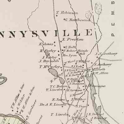 Smith Ridge Road in Dennysville, 1881: The Smith Ridge Road heads almost due north from its junction with present day Route One, near the Dr. Albert R. Lincoln house on the Colby Atlas map of Dennysville from 1881.