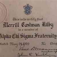 Fraternity Certificate of Merrill E. Kilby