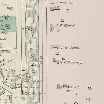 Dennysville Village Map, 1881: The Methodist Episcopal parsonage (marked M.E. Parsonage)  is located on the River Road in Edmunds and Water Street in Dennysville, on the Colby Atlas map of the village from 1881.