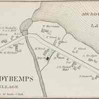          Meddybemps Village, from the Colby Atlas of Washington County, 1881; In the late eighteenth century, the Lincolns built a dam at the head of the Dennys River to controlling the flow of water from Meddybemps Lake to the mills in Dennysville.  The dam was in use throughout the nineteenth century, and though the mills are gone, exists to this day.
   
