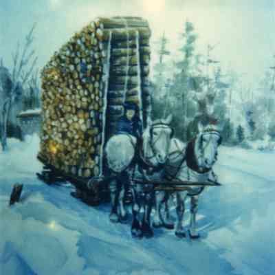 Dick and Jerry, with teamster Jim Lyons and their big load: Painting of the winning team, driven by James Lyons, in the hauling contest at Venture Brook in the winter of 1922-23.