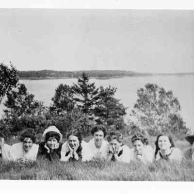 Girls in the field at Hurley Point, Edmunds, Maine, 1916: L to R: Julia Gardner, Florence Vose, Maggie Burns, Ruth Woodbury, Edith Gardner (Merriam/Tobey), Catherine Johnson (Kern), Hope Kilby, Martha Allan, Maggie Cambridge.