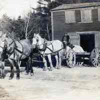          Horse team at Gardner's Stores in Dennysville, Maine; A teamster hauls a load of grain from one of the storage buildings at A.L.R. Gardner's store in Dennysville around 1900.
   