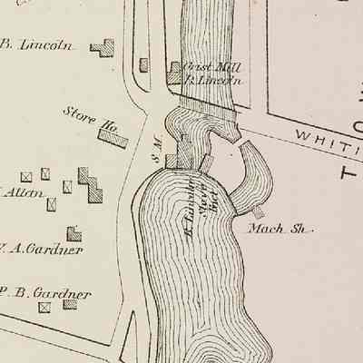 Upper Bridge and Lincoln Mills, from the Colby Atlas, 1881: Detail of the Dennysville Village map with the Lincoln mills, dam and mill pond  and Upper Bridge, from the Colby Atlas of Washington County, Maine, published in 1881.