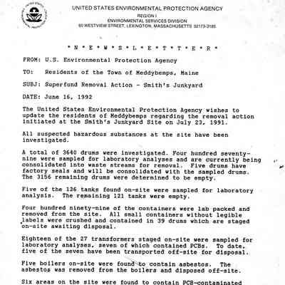 Letter from EPA About Smith's Junkyard, Meddybemps, Maine
