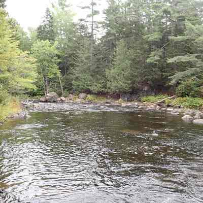 Rocky Gorge below Audubon's Dam Site on the Dennys River: The view downstream from Audubon's dam site of the rocky gorge in which logs were heaped following the spring log drive.  The bursting of the temporary dam allowed a wall of water to rush through the gorge, dislodging the immense heap of logs, allowing them to flow into the mill pond above at the Lincoln Mills a mile or so downstream in Dennysville.