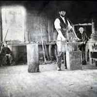          A.L.R. Gardner in his blacksmith shop in Dennysville c. 1880.; Two young spectators watch A.L.R. Gardner at work on his anvil in this view of his blacksmith shop, originally built on the Dennys River by William Kilby in the 1790's.
   