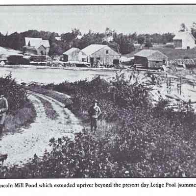 Lincoln Mill Pond in Summer: Image of the mills on the Dennys River before 1907, when A.L.R. Gardner's Grist and saw mills beside the River destroyed in a fire in April of that year.  Image reproduced from "Salmon on the Dennys 1786-19898" by Ed Bartlett and Ray Robinson.  Used with permission.