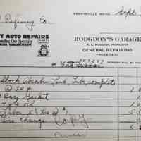          Bill for repairs from Hodgdon's Garage, 1930; Invoice from Ken Hodgdon reflecting the cost of servicing an automobile in 1936: $8.10.
   