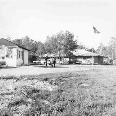 Robert S. Friedman Field Station, Suffolk University, Edmunds, Maine: View of the Main building and dining hall with one of the faculty cabins at the Robert S. Friedman Field Station on the South Edmunds Road around 1970.  “View of Suffolk University's R.S. Friedman Field Station campus in Cobscook Bay, ME,” Moakley Archive & Institute, accessed September 8, 2023, https://moakleyarchive.omeka.net/items/show/5036.