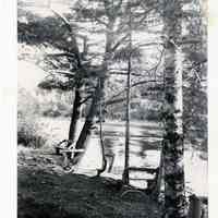          John Sheahan's Deacon's Seat on the Dennys River; A simple bench with a contemplative view of the Dennys River was located in front of Dr. John P. Sheahan's house on the River Road in Edmunds, Maine.
   