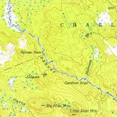 Gardner's Rips begin just below Harrison Brook on the Dennys River: Detail from the U.S.G.S. topographical map of the Gardner's Lake Quadrant, Washington County, 1945.