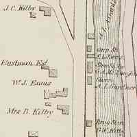          Houses and shops along the Dennys River in the Colby Atlas of 1881; The Drug Store on the bank of the river belonging to D.K. Hobart in 1861 is listed here as belonging to George Kilby, who married Daniel Hobart's niece.  His house, later belonging to Edwin 